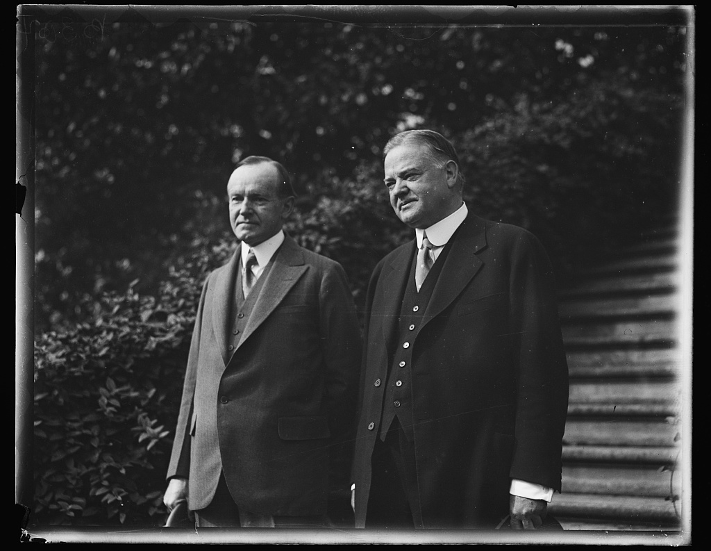 President Coolidge and GOP candidate Secretary Hoover at the White House, 1928. They were about as different in temperament and outlook as any one can be. Courtesy of the Library of Congress. 