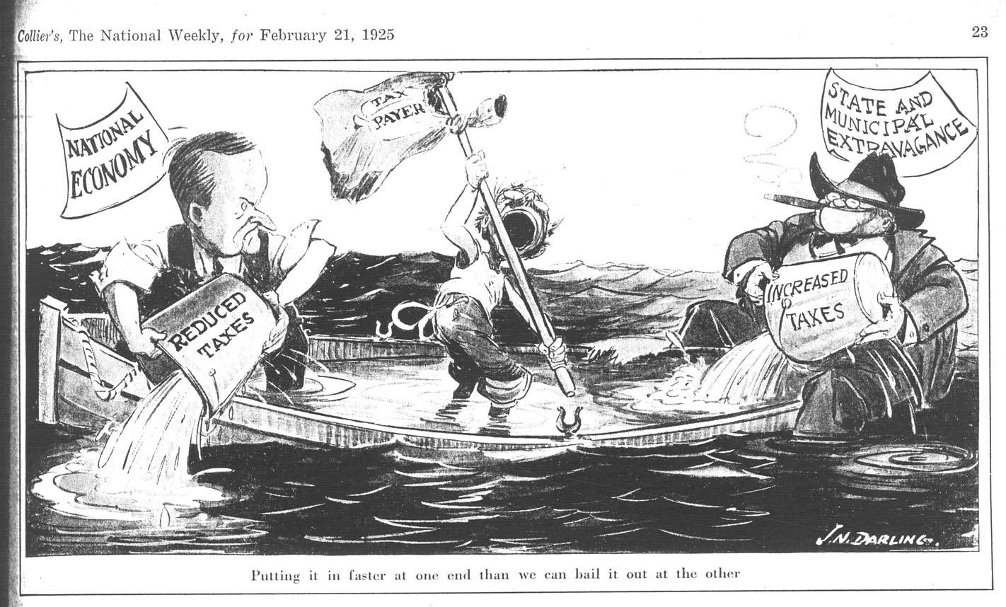 Cartoon by "Ding" Darling, "Putting it in faster at one end than we can bail it our at the other," The Des Moines Register, February 21, 1925. Courtesy of the University of Iowa. 