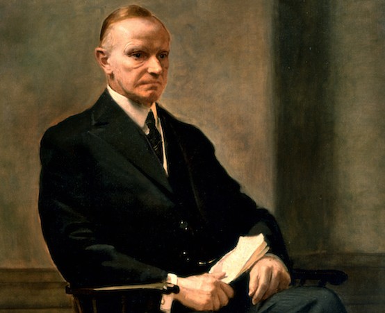 Calvin Coolidge, the official White House portrait by Charles Hopkinson, completed after Cal's retirement from public life, 1932. His years of fighting the Washington establishment were said to be evident on his face in this depiction. 