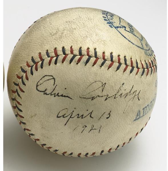 This was by no means his first signing of a baseball, for at Griffith Stadium on April 13, 1921, Coolidge, then as Vice President, signed this memento from the game that day for the American League. Unfortunately, the Washington Senators lost their home opener against the Boston Red Sox. Of course, we know the Senators would go on to win the World Series in 1924 after Coolidge became President. Coincidence? 