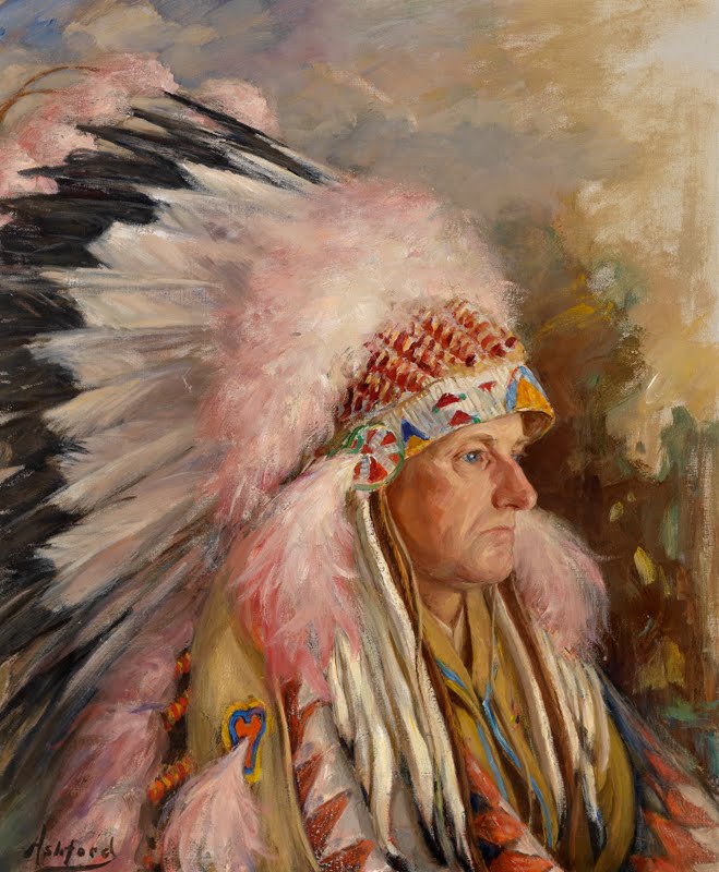 Frank Ashford's portrait of Calvin Coolidge done in South Dakota the summer before this speech at Pittsburgh. Depicted in the headdress gifted to him, the President presents a resplendent profile as he gazes contemplatively into the distance. 