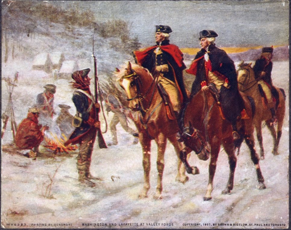 General Washington and Lafayette, where the American forces established camp at Valley Forge, Pennsylvania, 20 miles to the north and west of British-held Philadelpia, on this day, December 19, 1777. 