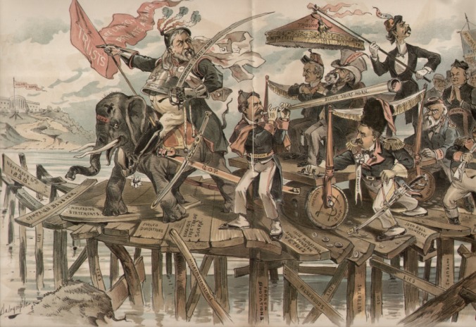 One of several "Puck" cartoons depicting the "waving of the bloody shirt," an appeal to the sacrifice of martyrs, heroes, and patriots as a distraction from a policy question or an otherwise weak political campaign. This is from 1884 but, unfortunately, there is no Grover Cleveland running this time. 