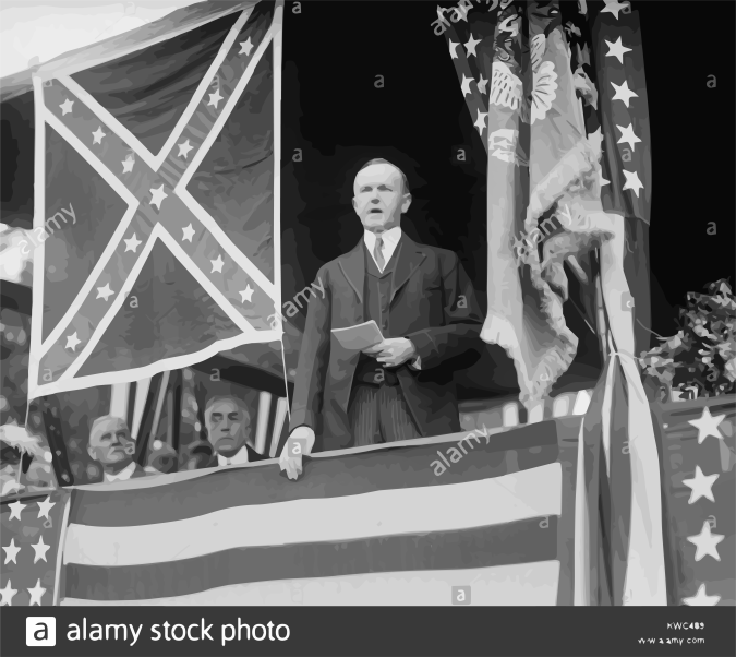 president-calvin-coolidge-speaking-beside-confederate-flag-at-arlington-KWC489